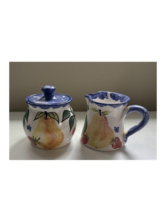 Other - Vtg Shard Pottery Maine Coastal Fruit Creamer & Sugar Bowl Set Hand Painted